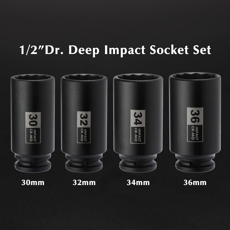 EMENTOL 4PCS 1/2"" Drive Deep Impact Socket Set  CR-MO  12 Point  Metric  Deep Spindle Axle Nut Impact Socket Set-30mm  32mm  34mm  36mm - Image 2